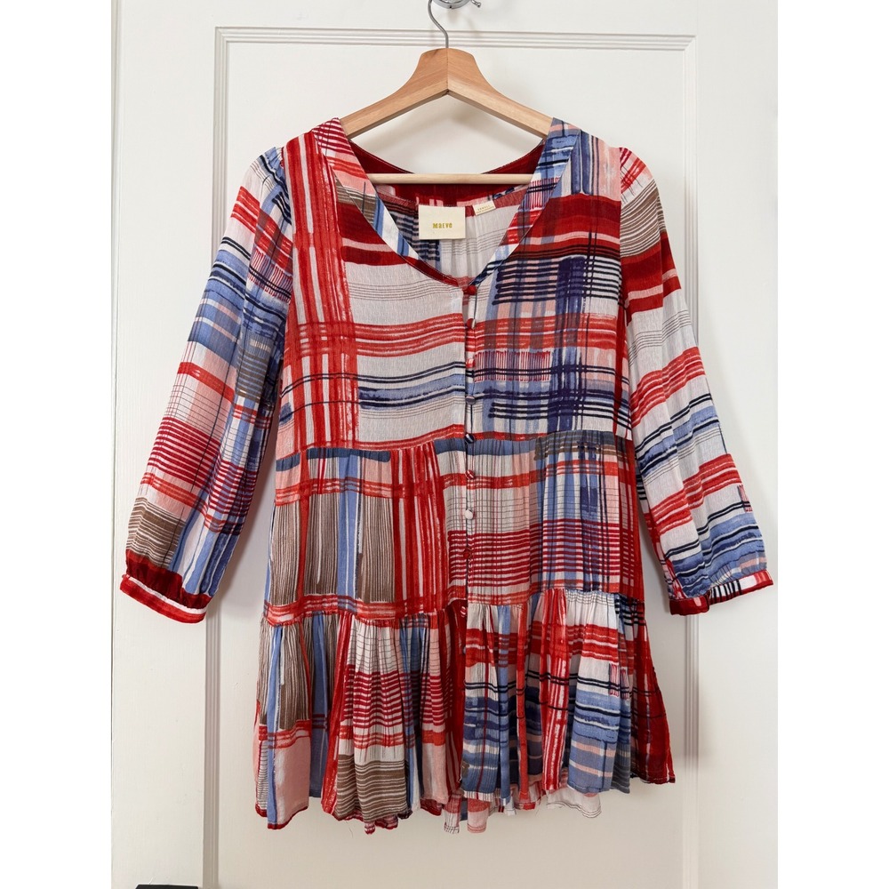 Maeve Anthropologie Lilia Plaid Tiered Babydoll Tunic Top Red Blue XS Boho Flowy